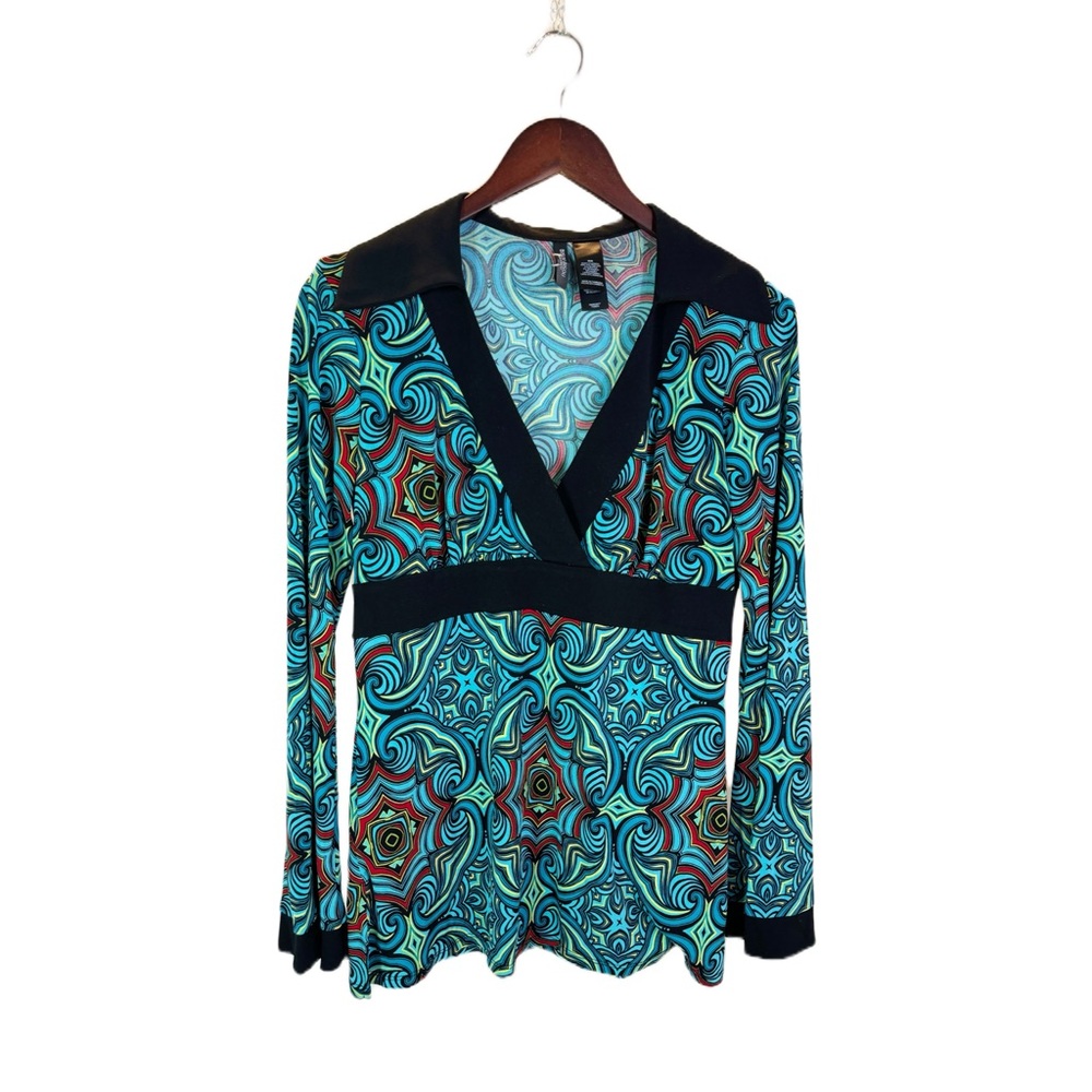 Bisou Bisou Michele Bohbot V Neck 70’s Style Long Slv Blouse Blue Abstract Sz M